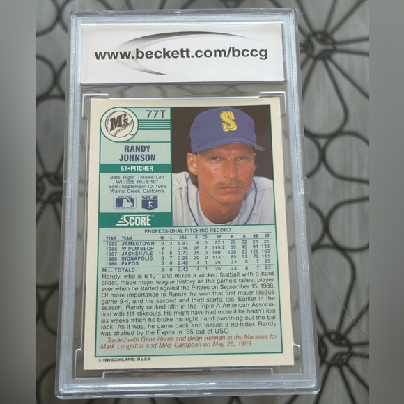 Randy Johnson 1989 Topps Seattle Mariners Rookie RC Baseball Card Graded 10 - Picture 2 of 2